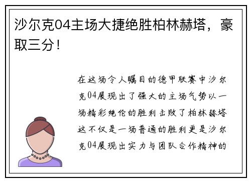 沙尔克04主场大捷绝胜柏林赫塔，豪取三分！